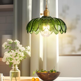 Dnshjue Vintage Glass Pendant Light – Modern Chandelier Elegant Golden Finish 10.2" Pendant Light E26 Glass Hanging Light Fixture for Kitchen Island, Dining Room, and Bedroom (Green 1-Light)