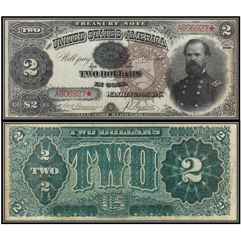 Unbranded $2 Two Dollar 1890 Treasury Note (US CURRENCY STICKERS)