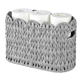 Toilet Paper Storage Basket,Handmade Woven Scalloped Baskets for Bathroom Organizer and Storage,Waterproof Plastic Wicker Basket Organizer for Toilet Paper Rolls,Towels (1, Grey)