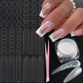 FSpronail French Nail Template Stickers(6 Deisgns,12Sheets) Smile Moon Crescent V-Shaped Design French Nails Self-Adhesive Stencil Tips for Manicure Edge Tweezers Set White Pearl Chrome Nail Powder