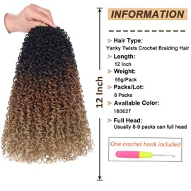 RuiYok 8 Packs PreLooped Yanky Twist Braiding Hair with Curls 12 Inch Ombre Black to Brown Yanky Twist Crochet Hair Pre Twisted Short Passion Twist Crochet Braids Synthetic Hair Extensions for Women RS30#