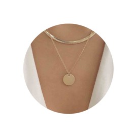 Yheakne Punk Layered Herringbone Chain Necklace Gold Coin Disc Pendant Necklace Tiny Circle Choker Necklace Flat Snake Necklace Chain Jewelry for Women and Girls