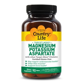 Country Life Target-Mins Magnesium Potassium Aspartate, 600mg/198mg, 90 Tablets, Certified Gluten Free, Certified Vegan