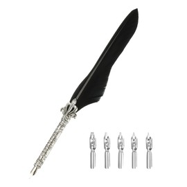 PATIKIL 26.5cm/10.4" Calligraphy Feather Quill Pen, Vintage Feather Dip Pen with 5 Replacement Nibs for Calligraphy Writing Wedding Office Gifts, Pure Black