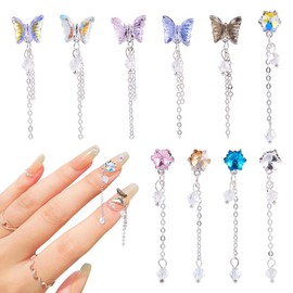 KISSITTY 10Pcs Rhinestone Butterfly Flower Nail Charms with Beaded Chain Crystal Flower Butterfly Alloy Nail Art Charms Nail Art Decoration for Manicure