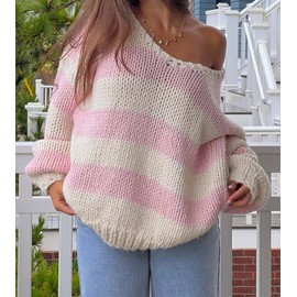Women Striped Knit Sweaters 2025 Oversized Fall Winter Drop Shoulder Color Block Long Sleeve Loose Fit Pullover Tops (US, Alpha, Small, Regular, Regular, Pink d)