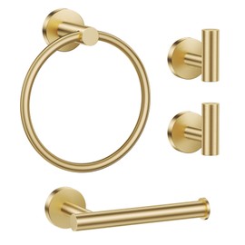Lairuier Bathroom Hardware Set, 4-Piece Towel Holder Set Include Toilet Paper Holder,Towel Ring and 2 Towel Hooks Stainless Steel Wall Mounted Bathroom Hardware Accessories Set (Brushed Gold)