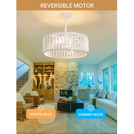 Liokoc Ceiling Fans with Lights and Remote, Low Profile Caged Ceiling Fan with Handcrafted Beaded Décor 6 Speeds Reversible 19 inches Bulbs Included for Angled Ceiling, White