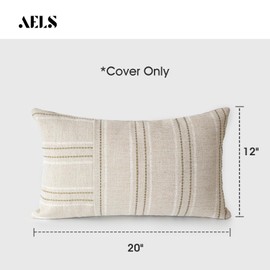 AELS 12x20 Decorative Farmhouse Linen Throw Pillow Covers, Boho Rectangle Lumbar Pillow Case, Set of 2, Beige with White & Brown Stripe Patchwork Cushion Cover for Sofa Couch Living Room (Cover ONLY)