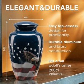 Handcrafted Urn for Human Ashes, Large Decorative Cremation Urns, Memorial Funeral Urn for Men Adults with American Flag Eagle Finish, Metal Alloy 10" H x 6" W