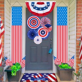 Remagr 14 Pcs 4th of July Porch Sign Outdoor Decorations, 5.9' American Patriotic Hanging Paper Fans Flag Banners Mat Set Memorial Day Front Door Decoration for USA Independence Day Party Supplies