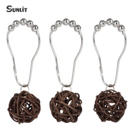 Sunlit Boho Decorative Rattan Balls Shower Curtain Hooks, Wicker Orbs Shower Curtain Rings for Bathroom, Farmhouse Shower Curtain Hangers Bathroom Accessories, Set of 12, Brown