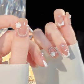 Nail Tip, Nail Tip, 24 Pieces, Short, Spring, Summer, Handmade Nail Tip, Popular, Japanese Style, Cute, Bride, Wedding, Nail Tip, White, Pearl, Luster, False Nail, Short, School Entrance Ceremony,