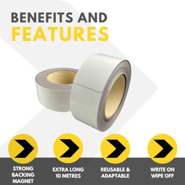 Gloss White Strong Magnetic Easy Write on Wipe Off Tape with A Dry Erase Reusable Front and Strong Black Magnetic Back Racking Strip (40mm Wide X 0.8mm Thick X 10m Long)