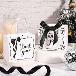Kolldenn 24 Pcs Mini Coquette Gift Bags with Ribbons Thank You Bow Gift Bag with Handles 5.5x2.5x4.7 Inches Bowknot Paper Tote for Wedding, Baby Shower, Bridesmaid, Birthday Party Favor(White,Black)