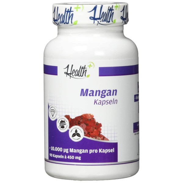 Health+ Manganese - 90 Capsules with 10 mg Mangangangluconate per Capsule, Valuable Trace Element, Made in Germany