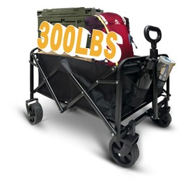 Collapsible Folding Wagon with 300lb Capacity, Heavy Duty Outdoor Foldable Utility Wagon Cart with All-Terrain Wheels, Drink Holders & Side Pockets for Camping, Shopping, Garden, Black