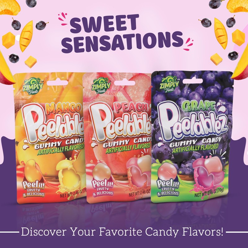 Peelable Grape Gummies Pack of 3 - Resealable 2.46 Oz