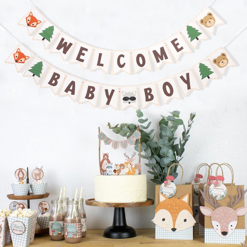 Woodland Welcome Baby Boy Banner - Forest Animals Birthday Decorations,Boys
