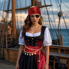 Pirate Accessories for Women Captain Pirate Costume Women with Head Scarf Sash Chain Belt Necklace Eye Patch Party Outfit