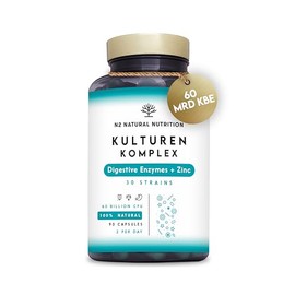 Kulturen Complex. 30 Bacterial Strains and 200 Billion CFU/g Digestive Enzymes, Zinc, Intestinal Bacteria. Intestinal Flora Construction, Digestion and Immune System. 90 Capsules N2 Natural Nutrition