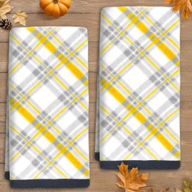 VOOVA & MOVAS Bathroom Hand Towels Set of 2 (15"x25") - 100% Cotton | Soft | Absorbent | 400 GSM | Fluffy, Checkered Towels Decorative Set, Patterned Hand Towel for Showering, Yellow Check Print