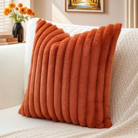 Sungeek Set of 1 Rust Faux Rabbit Fur Cushion Cover 45x45 cm, Soft Cozy Plush Striped Decorative Throw Pillow Covers 18x18 Inch Velvet Square Pillowcases for Sofa Bedroom