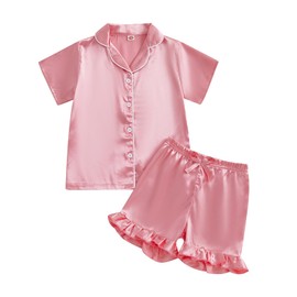 XIXIMAON Toddler Baby Girls Summer Pajamas Button Down Lapel Short Sleeve Shirts Ruffled Shorts Set Kids Solid Color Sleepwear Satin Pjs 1-10 Years (Pink, 3-4 Years)