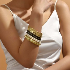 Yienate Boho Gold Bangle Bracelet Set Snake Textured Multi Bangle Set Indian Wedding Faux Pearl Bangle Indian Bollywood Vintage Pearl Bangle Large Round Stacking Bracelet Jewelry for Women Girls