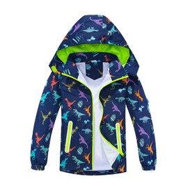 TOP&SKY KIDS Boys Dinosaur Navy Rain Jacket for 5-6 Years Waterproof Coat Lightweight Hooded Mesh Lined Raincoats Windbreakers with Detachable Hood