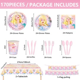 171pcs Birthday Party Supplies Singer Paper Plates Napkins Cups Plastic Tablecloths Music Singer Tableware Set Birthday Party Decorations Serves 24 Guests (Pink Singing Girls)