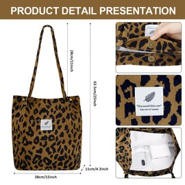 Women's Corduroy Shoulder Bag, Large Cord Bag, Beach Bag, Leopard Pattern, Fashion Fabric Bag for Everyday Use, Office, School Trips and Shopping