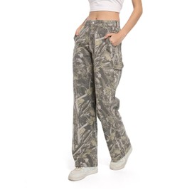 PinkyMoor Women Camouflage Cargo Pants Straight Wide Leg Trousers Jeans with Pockets（S）