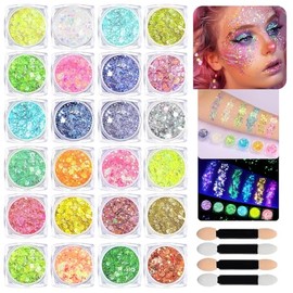Set de 24 Gel Corporal Purpurina para Cuerpo y Rostro, 24 Colores Brillo Lentejuelas Sirena, Glitter Maquillaje Piel Cremosa para Cabello Cuerpo Sombra de Ojos Uñas de Labios, para Pintura Decorar Arte Fiesta Bodas Beauty