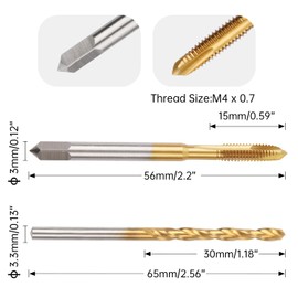 M4 x 0.7 Spiral Point Thread Tap with 3.3mm Twist Drill Bit Set,Metric Titanium Plated HSS 6542,High Precision Machine Threading Tool