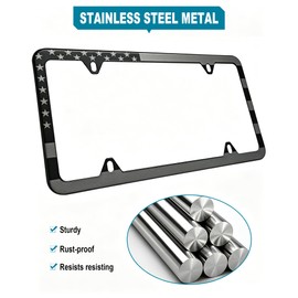 RCKJNJ American Flag License Plate Frames- Heavy Duty Stainless Steel Patriotic USA Car Tag Holder with Rustproof Screws, 2 Pack Slim Edge 4 Hole