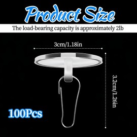 Giantree 100pcs Self-Adhesive Ceiling Hooks for Hanging, Clear Round Suction Cup Sticky Ceiling Discs Without Drilling Removable Damage-Free Wall Hanger Sticky with Metal Hook(Diameter 3cm)