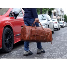 24 Inch Leather Duffle Bags for Men Large Full-Grain Buffalo Leather Overnight Gym Bag, Luggage Weekend Travel Bag for Men & Women, Carry On Airplane Cabin Bag with Shoe Compartment