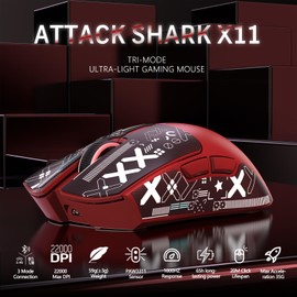 MAGIC-REFINER Attack Shark X11 59g Superlight Wireless Gaming Mouse with Grip Tape, RGB Charging Dock，BT/2.4G Wireless/Wired Pc Mouse, 22000 DPI,5 Programmable Buttons for Pc/Mac(Red)