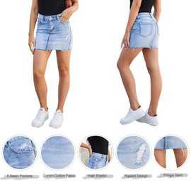 VIPONES Women Denim Skirt High Waist Raw Hem Stretch Ripped Casual Mini Jean Skirts（201，4）
