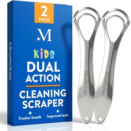 Mouthology- Limpiador de Lengua para Niños (paquete de 2), Limpiador de Lengua de Acero Inoxidable (reduce el Mal Aliento), Cepillo de Lengua Metálico para Niños, Mejora la Salud Bucal