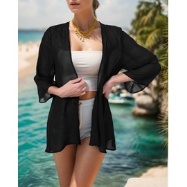Women's Solid Chiffon Kimono Cardigan Casual Loose Beach Bathing Suit Cover Up Black 3XL