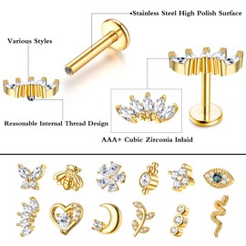 JeryWe 12Pcs 16G Cartilage Stud Earring for Women Stainless Steel Top Screw Flat Back Earrings Bee Butterfly Snake Evil Eye Moon Heart CZ Nose Rings Studs, Zirconia, Gold-6mm