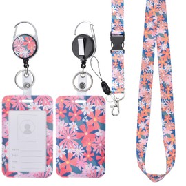 Will Well ID Badge Holder with Retractable Lanyard, Retractable Badge Reel Nylon Lanyard & Vertical ID Card Holder with 1 Card Slot Key Chain for Men & Women - Floral Print