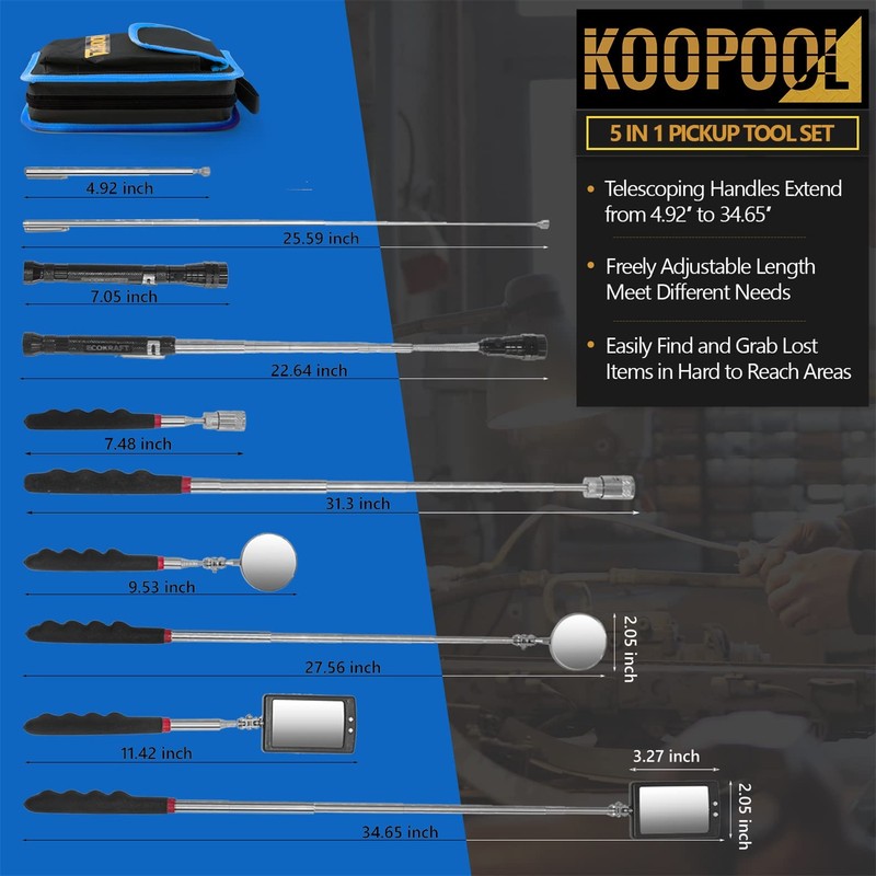 Telescoping Magnetic Pickup Tool Set, Inspection Mirror Telescoping, LED Flashlight,
