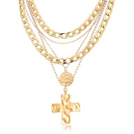 AllJunction Chunky Gold Cross Pendant Necklace Silver Statement Big Thick Cuban Link Chain Layered Coin Medallion Charm Staked Choker Necklaces Jewelry for Women (Gold)