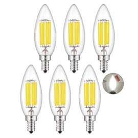 CRLight 6W LED Candelabra Bulb 4000K Daylight White, 70W Equivalent 700LM Dimmable, E12 Base Vintage Edison Style Clear Glass B10 Candle Torpedo Shape Bullet Top LED Chandelier Light Bulbs, Pack of 6
