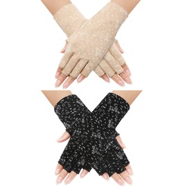 Maxdot 2 Pairs Women Sunblock Fingerless Gloves UV Protection Driving Gloves Summer Mitten Non Slip for Outdoor Cycling Manicures (Black,Khaki)