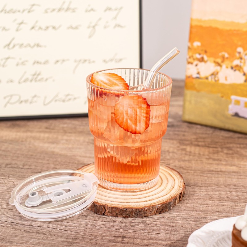 13oz/400ML Glass Tumbler with Straw and Lid Ribbed Vertical Ice