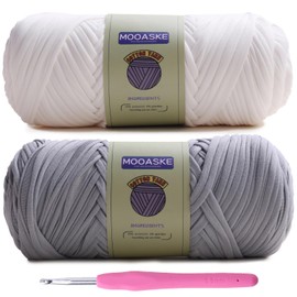 Mooaske 2 Pack T-Shirt Crochet Yarn for DIY Knitting Crochet Cloth Blanket Bag Dolls - 400g Chunky Thick Yarn for Crocheting with Polyester-Spandex Blend Elastic Fabric (White+Gray)